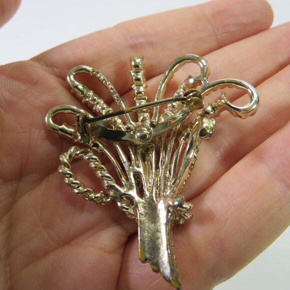 Vintage Gold Floral Bouquet w clear rhinestones (wheat) metal Brooch Lapel Pin - Picture 6 of 8